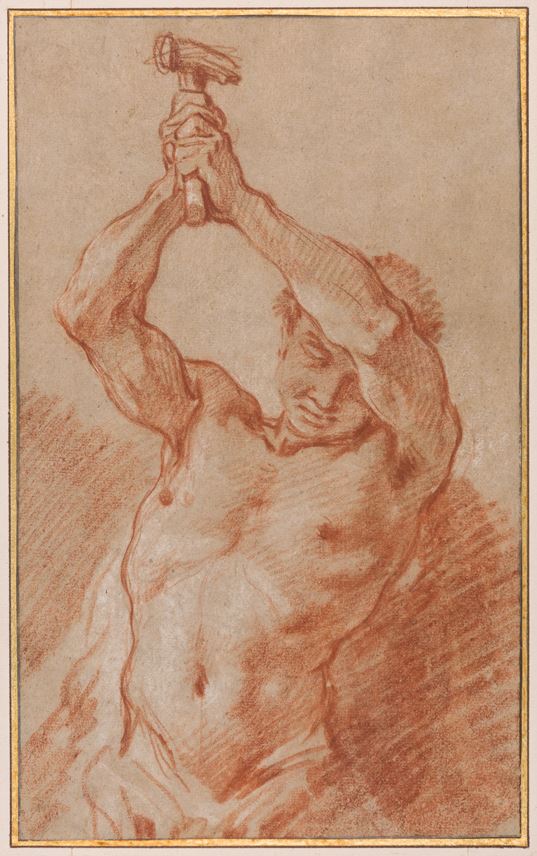 François Boucher - Study of a Male Nude Holding a Hammer Above his Head | MasterArt